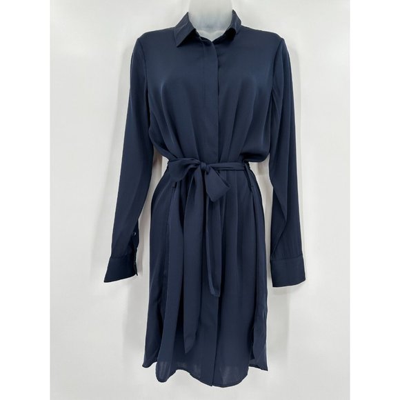 Quince Silk Shirt Dress Navy Blue sz S Women's Long Sleeve Belted NWT - Picture 1 of 8